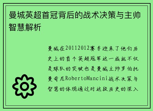 曼城英超首冠背后的战术决策与主帅智慧解析