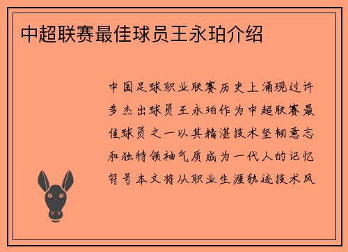 中超联赛最佳球员王永珀介绍