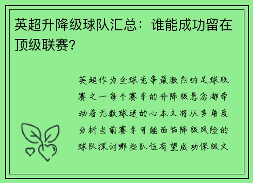 英超升降级球队汇总：谁能成功留在顶级联赛？