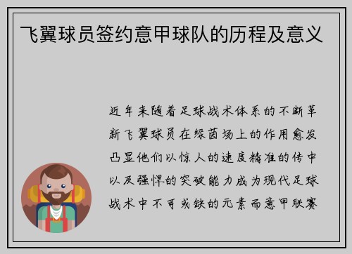 飞翼球员签约意甲球队的历程及意义