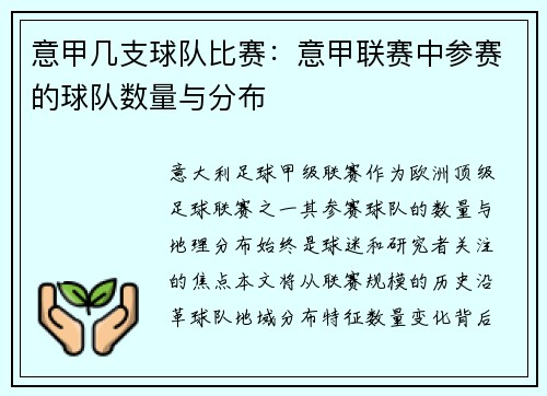 意甲几支球队比赛：意甲联赛中参赛的球队数量与分布