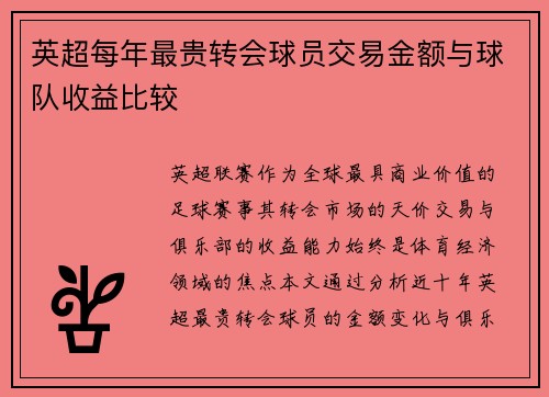 英超每年最贵转会球员交易金额与球队收益比较